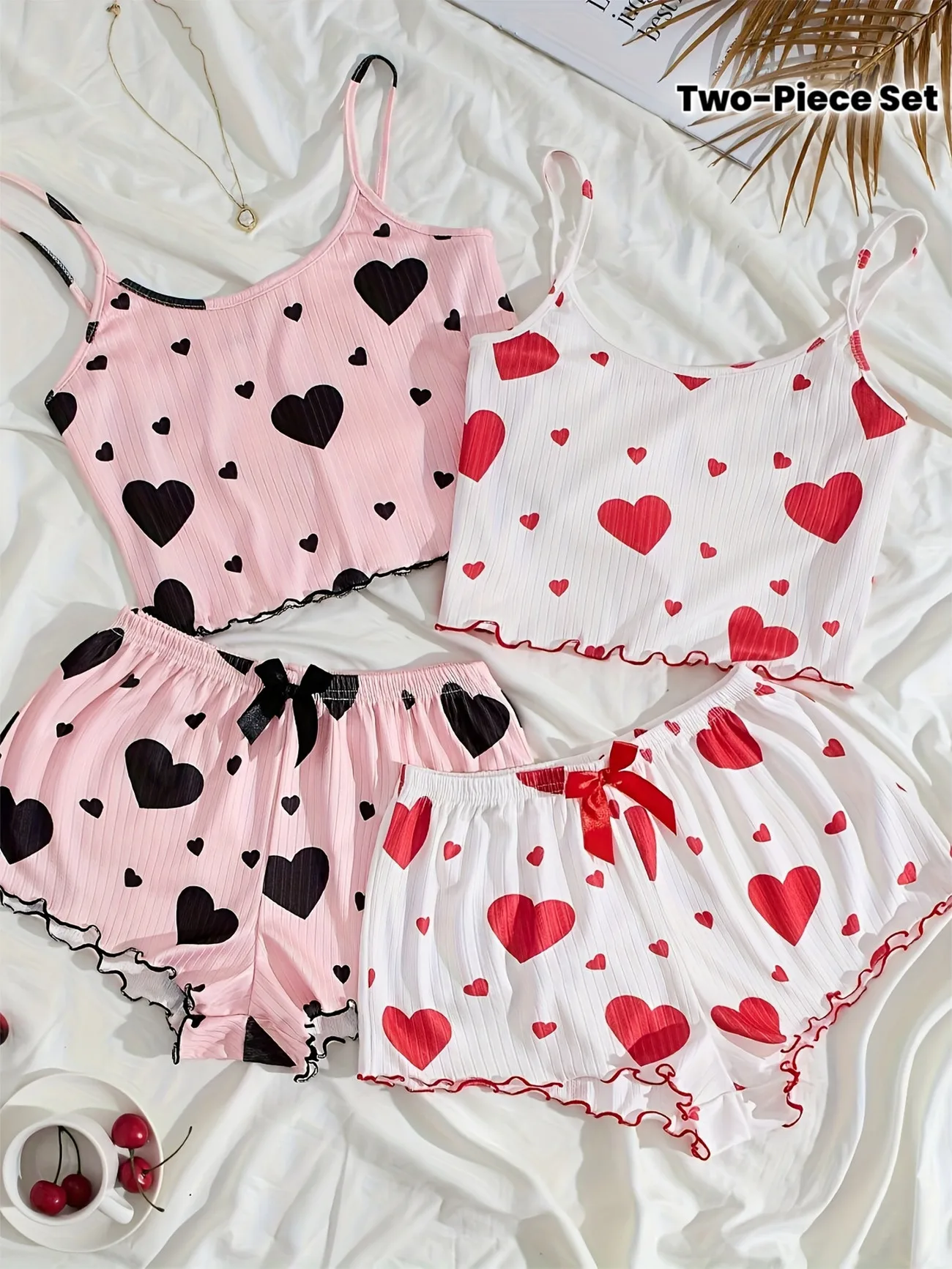 

Women Heart Print Ribbed Pajama Set Sleeveless Cami Top and Ruffle Shorts Summer Two Piece Loungewear Sleepwear