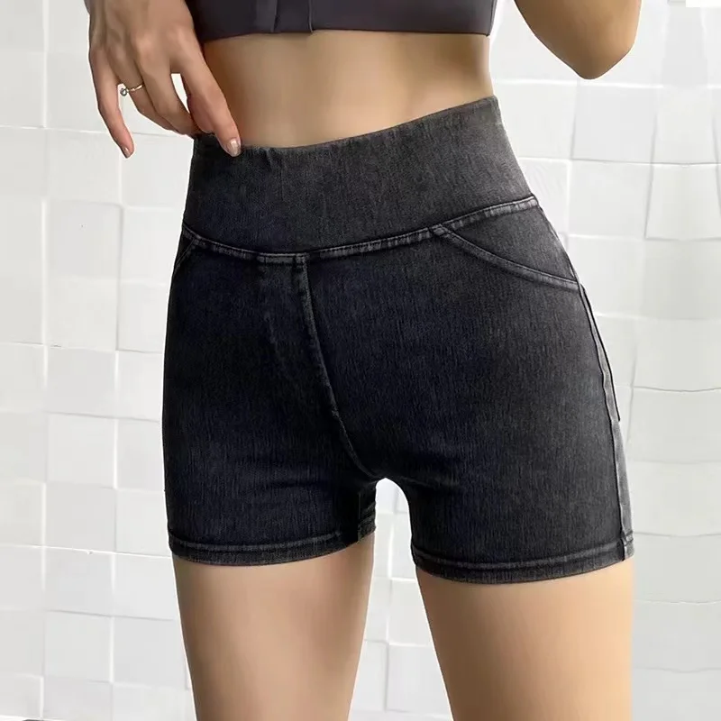 Sports denim shorts women's high waist lift hip outside wearing peach hip yoga three-point pants summer thin tight yoga hot pant