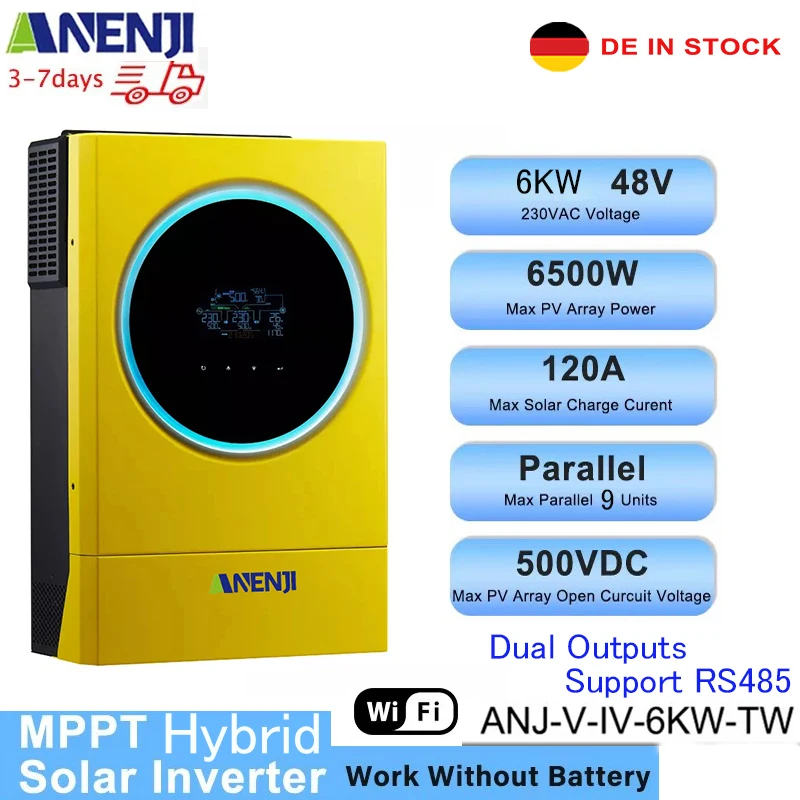 6KW 48V Hybrid Solar Inverter 230vac On Grid Off Grid Dual Outputs Pure Sine Wave 120A MPPT Solar Charge Controller PV 500Vdc