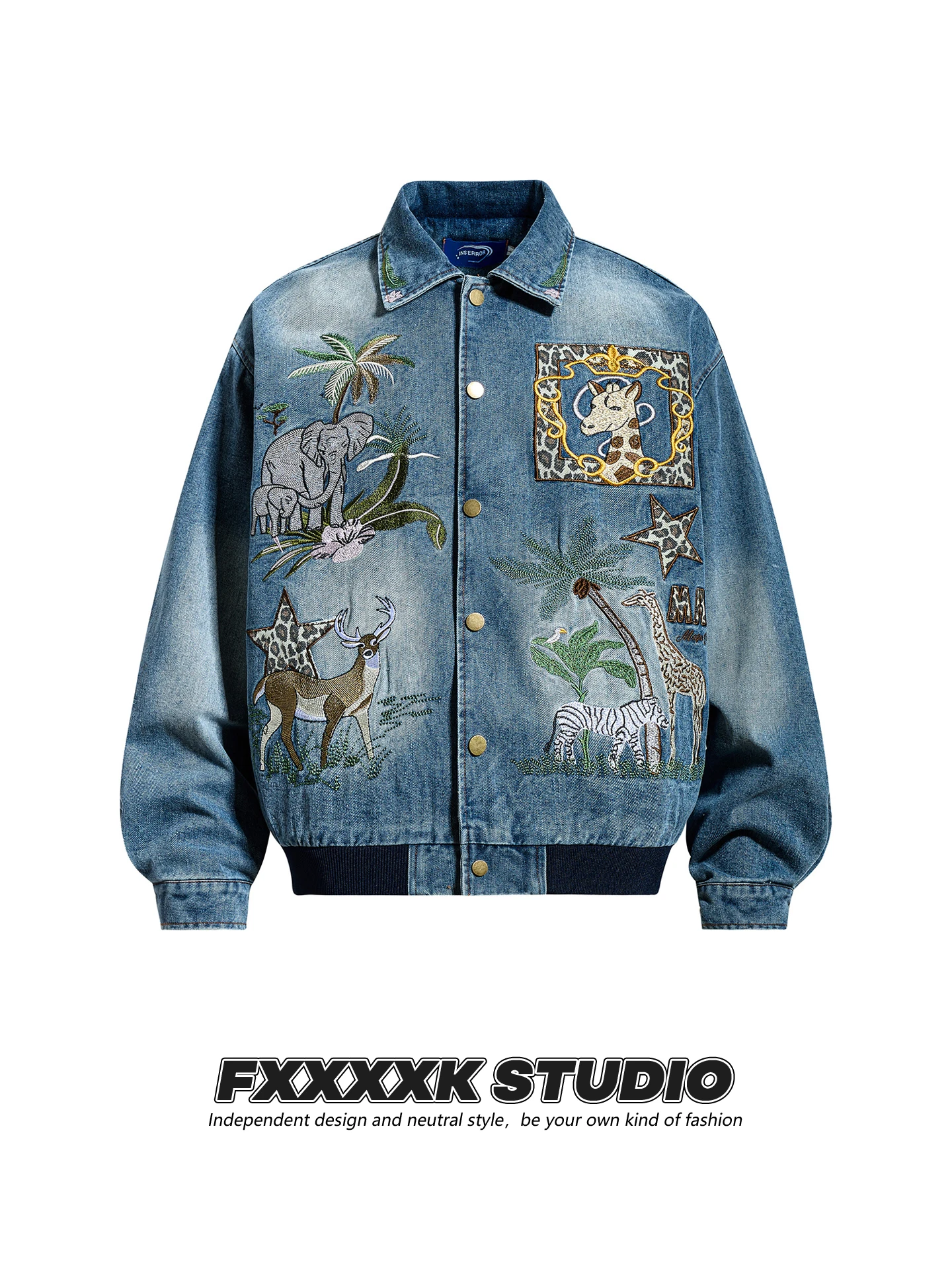 

Мужская джинсовая куртка FXK Original: Весенняя коллекция, высококачественный дизайн в стиле хип-хоп, вышивка с изображением животных, отложной воротник