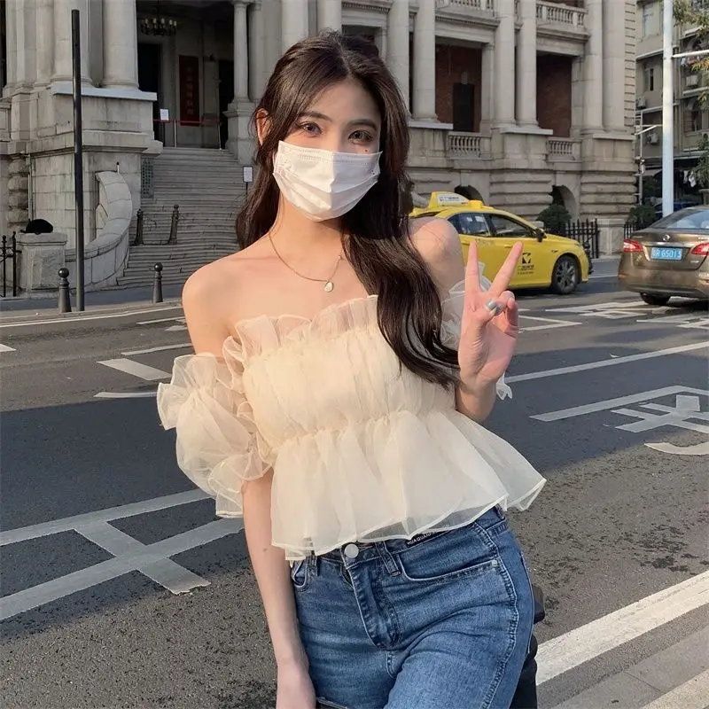 Blouses Women Slash Neck Sweet Girlish Tender French Style Aesthetic Puff Sleeve Clothes Sexy Trendy Princess All-match Summer