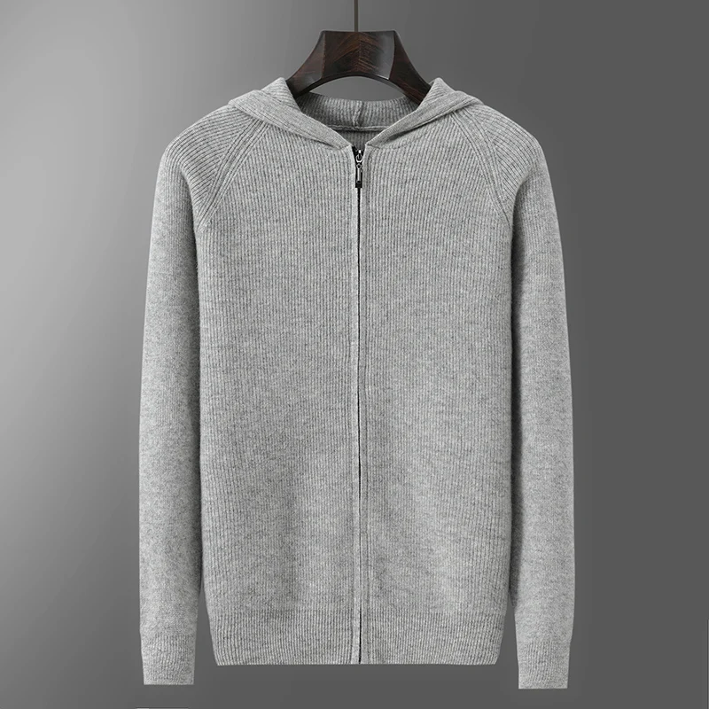 2025 الخريف الشتاء 100% الصوف الخالص سترة الرجال مقنعين النمط الغربي محبوك هوديي سترة فضفاضة جديد الكشمير البلوز سترة #4