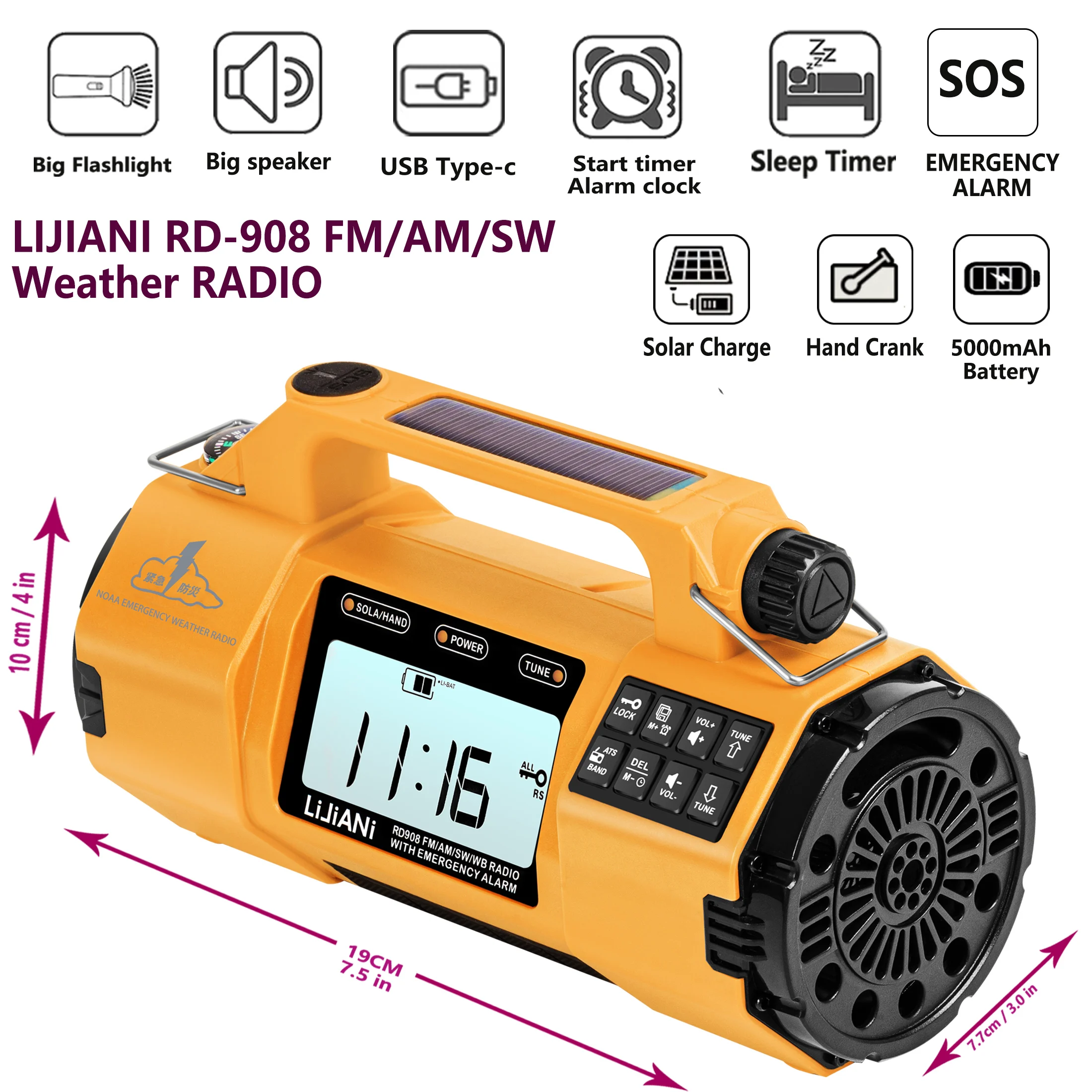 Emergency Radio with AM/FM/SW/WB Four Bands, Hand-cranked Generator, Large Capacity Battery and High Power Flashlight