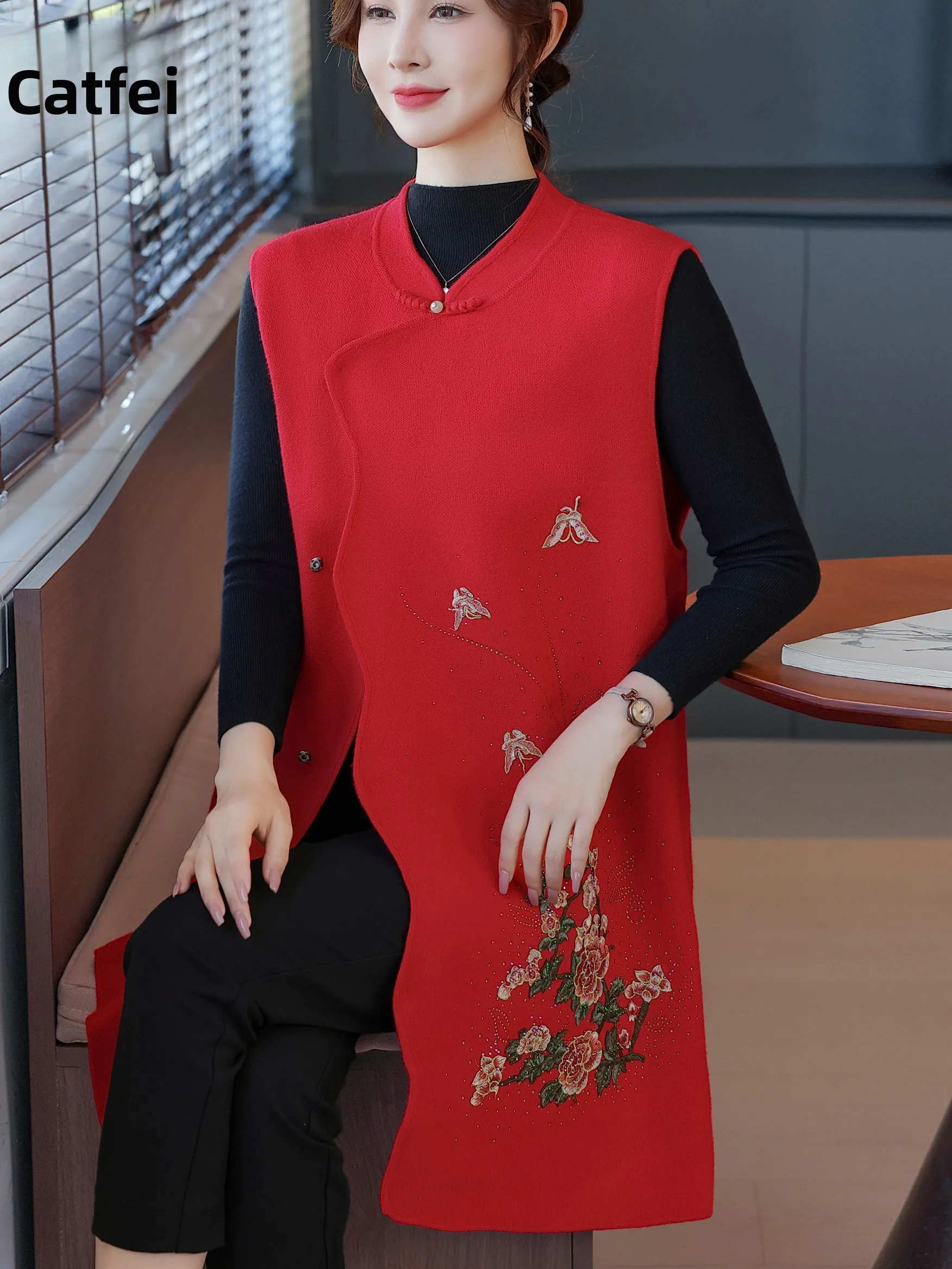 

Модный вязаный жилет с вышивкой средней длины для женщин, новинка весенней коллекции в китайском стиле для элегантных дам