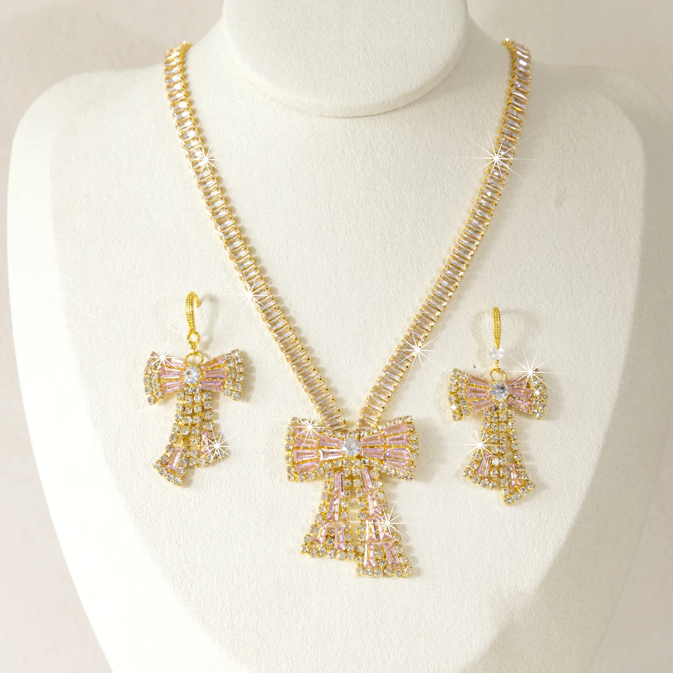 Elegantes Damen-Schmuckset mit Schleife, modische Zirkon-Halskette und Ohrringe, Braut- und Hochzeitsschmuck, luxuriöse und funkelnde Party