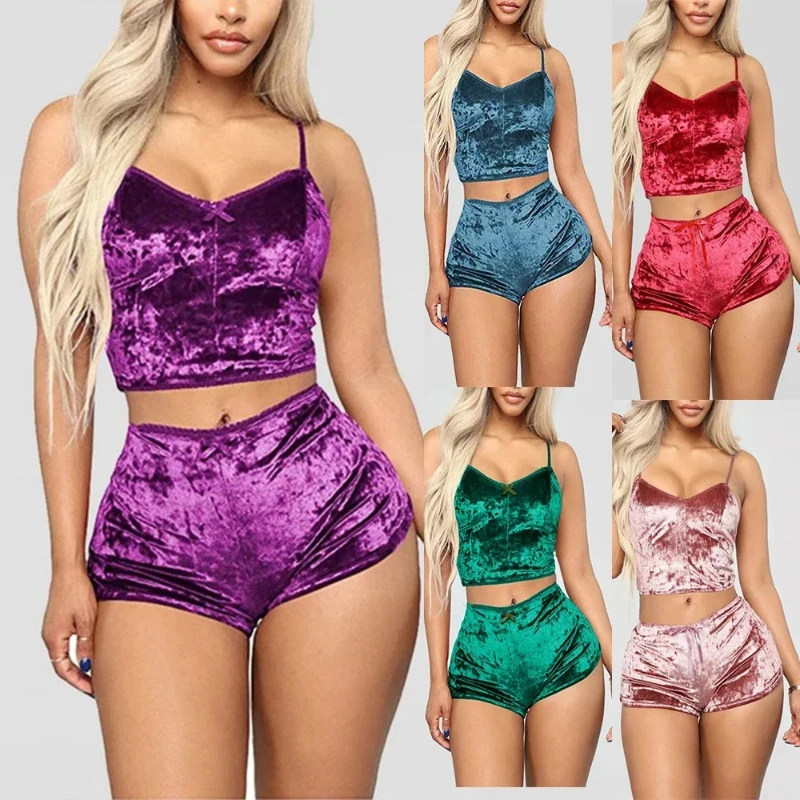 

2Pcs/set Women's Velvet Polyester Comfortable V Neck Underwear Crop Top + Shorts Pajama Set Homewear Sleeveless Top Shorts Camis