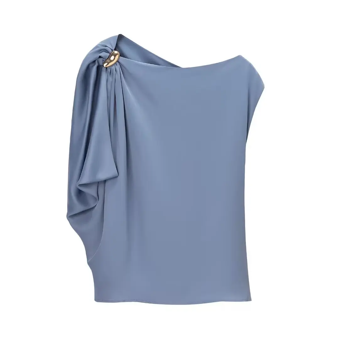 

Satin Off Shoulder Tops For Woman Blue Harajuku Casual Elegant Woman Sleeveless Harajuku Fashion Summer T-shirt Vest