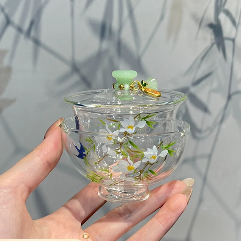 Borosilicate Glass Tea Set Floral Design Tea Ceremony Set Non-Slip Cup Hot/Cold Drinkware for Home Cafe Zen Meditation