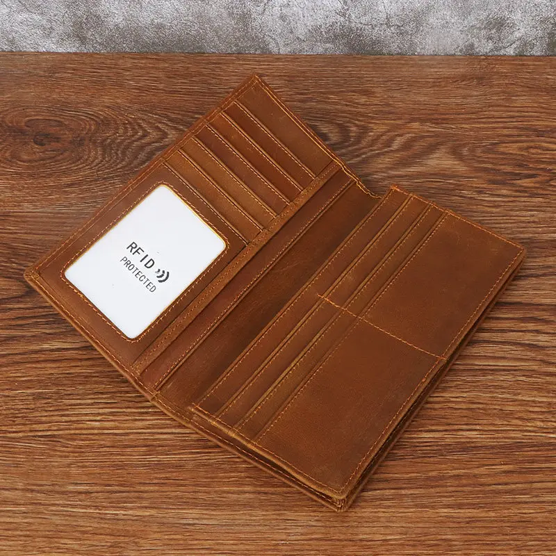premium-full-leather-long-wallet-men's-genuine-top-layer-cowhide-ridf-anti-theft-silver-bag-vintage-style-horizontal-shape