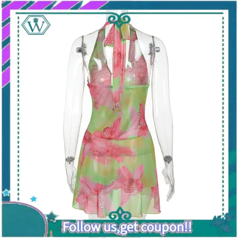 A09P Women Halter Low Neck Mini Dress Cutout Sleeveless Boho Short Dresses Open Back Night Party Going Out Sundress