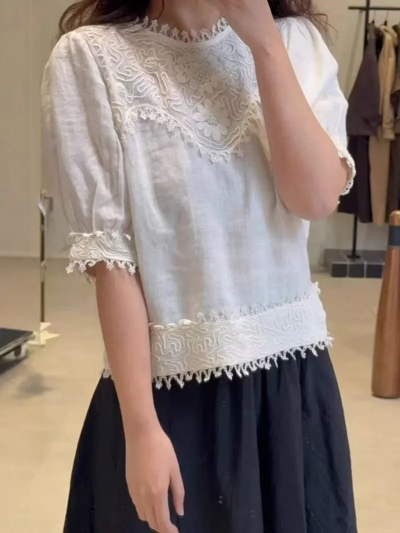 

Heavy Embroidery Women Linen Blouse Top Round Neck Puff Sleeve Solid Color Casual Female Shirt