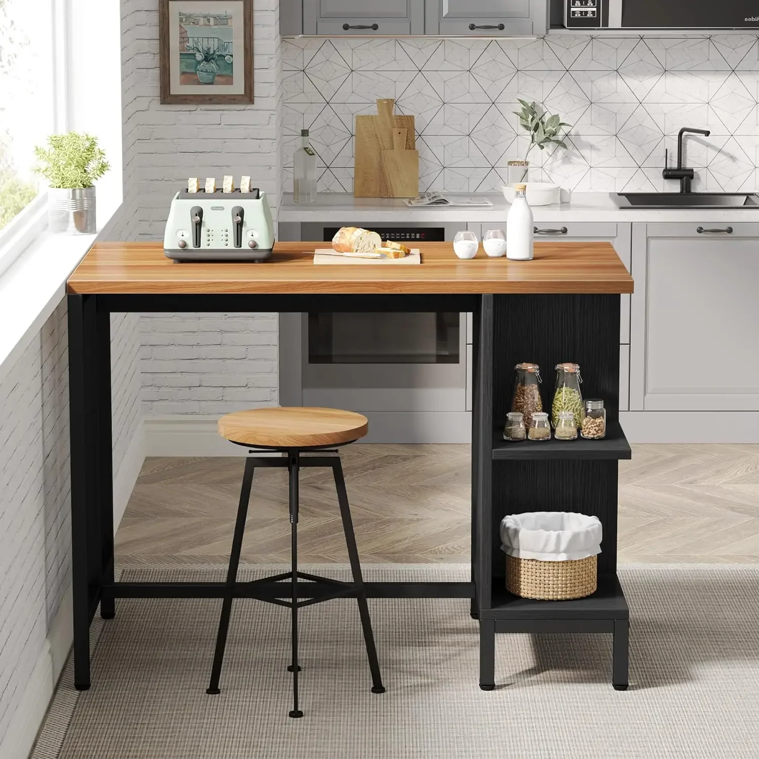 Kitchen Island, Kitchen Shelf Kitchen Bar Table with 5 Open Storage Shelves and Large Worktop, Industrial Butcher Block Island