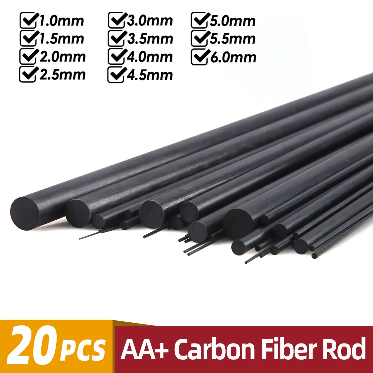 20pcs Carbon Fiber Round Solid Rod Dia 0.5mm 1mm 2mm 3mm 4mm 5mm Length 500mm High Strength Light Weight For DIY RC Airplane