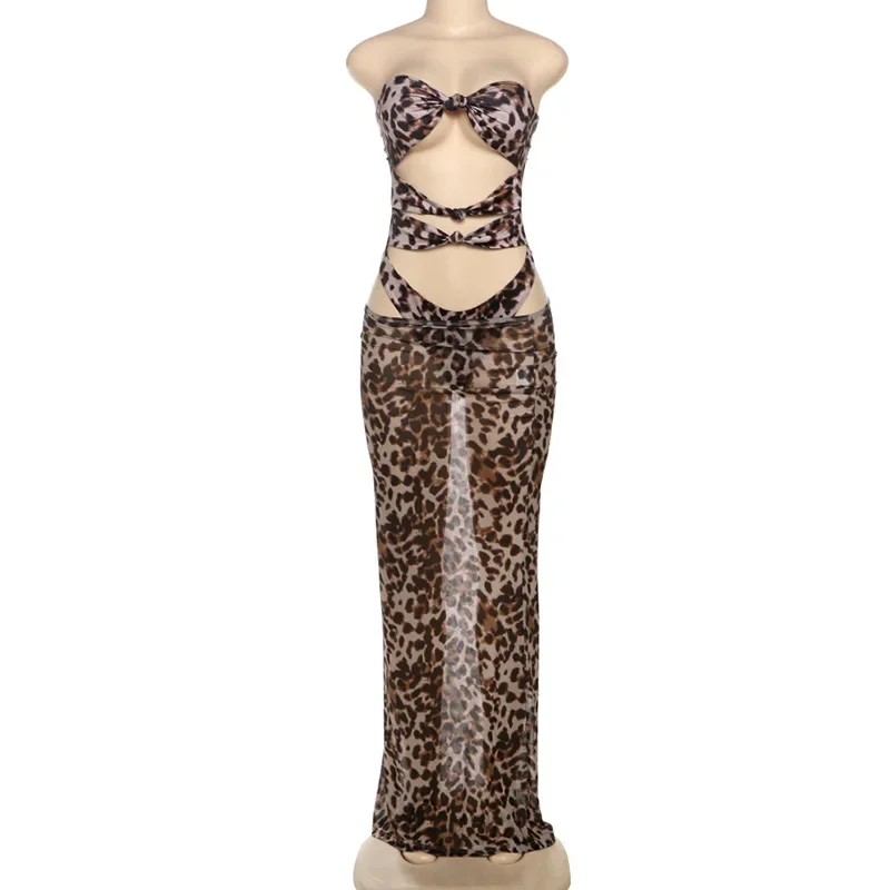 Set da 2 pezzi con stampa leopardata da donna con nodo sexy scava fuori tute senza spalline top + maxi gonne aderenti in rete trasparente abiti da festa per club