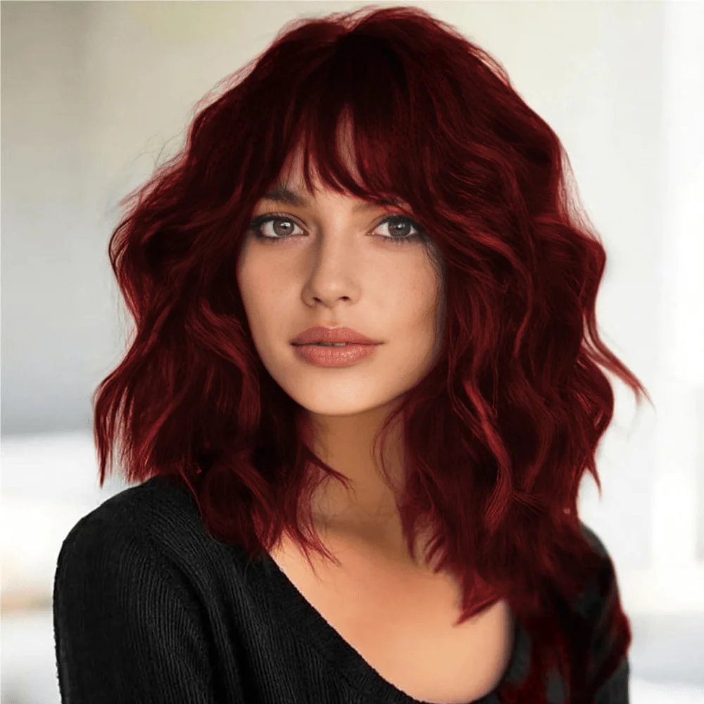 

Short Wavy Red Wig with Bangs Short Red Bob Wigs for Women Wavy Bob Wig with Bangs Synthetic Natural Looking Heat Resistant Fibe