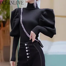 OCEANLOVE Stand Collar Shirts&blouses Puff Sleeve Vintage Solid Korean Fashion Elegant Women Tops Autumn Winter Slim Blusas