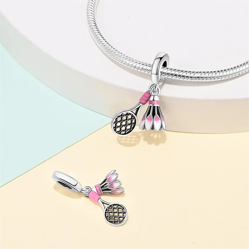 925 Sterling Silver 2Pcs Purple Racket Charms Beads Zircon Dangle Fit 3mm Original Bracelet DIY Women Fine Birthday Jewelry Gift