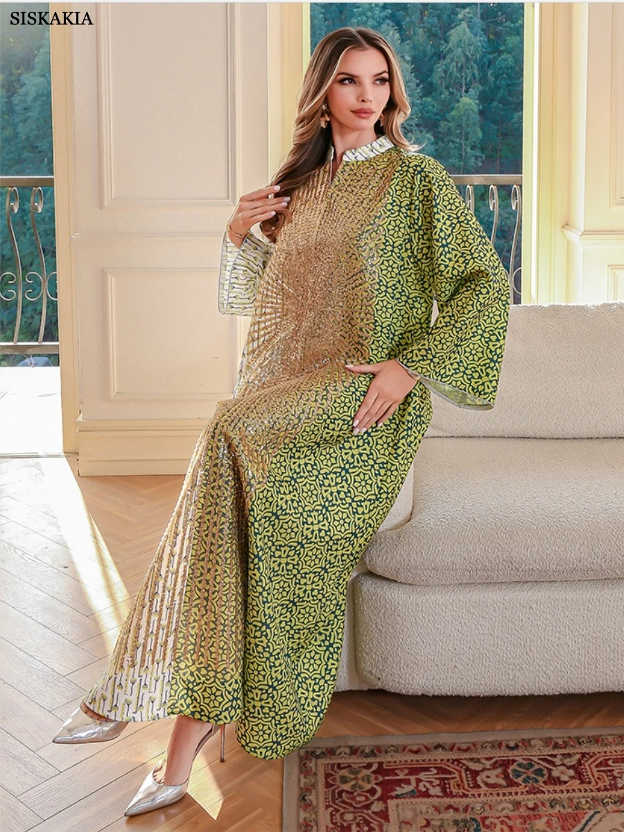 

Siskakia New Dubai Luxury Woman Evening Dress Sequins Patchwork Abaya Muslim Floral print Kaftans Woman 2025
