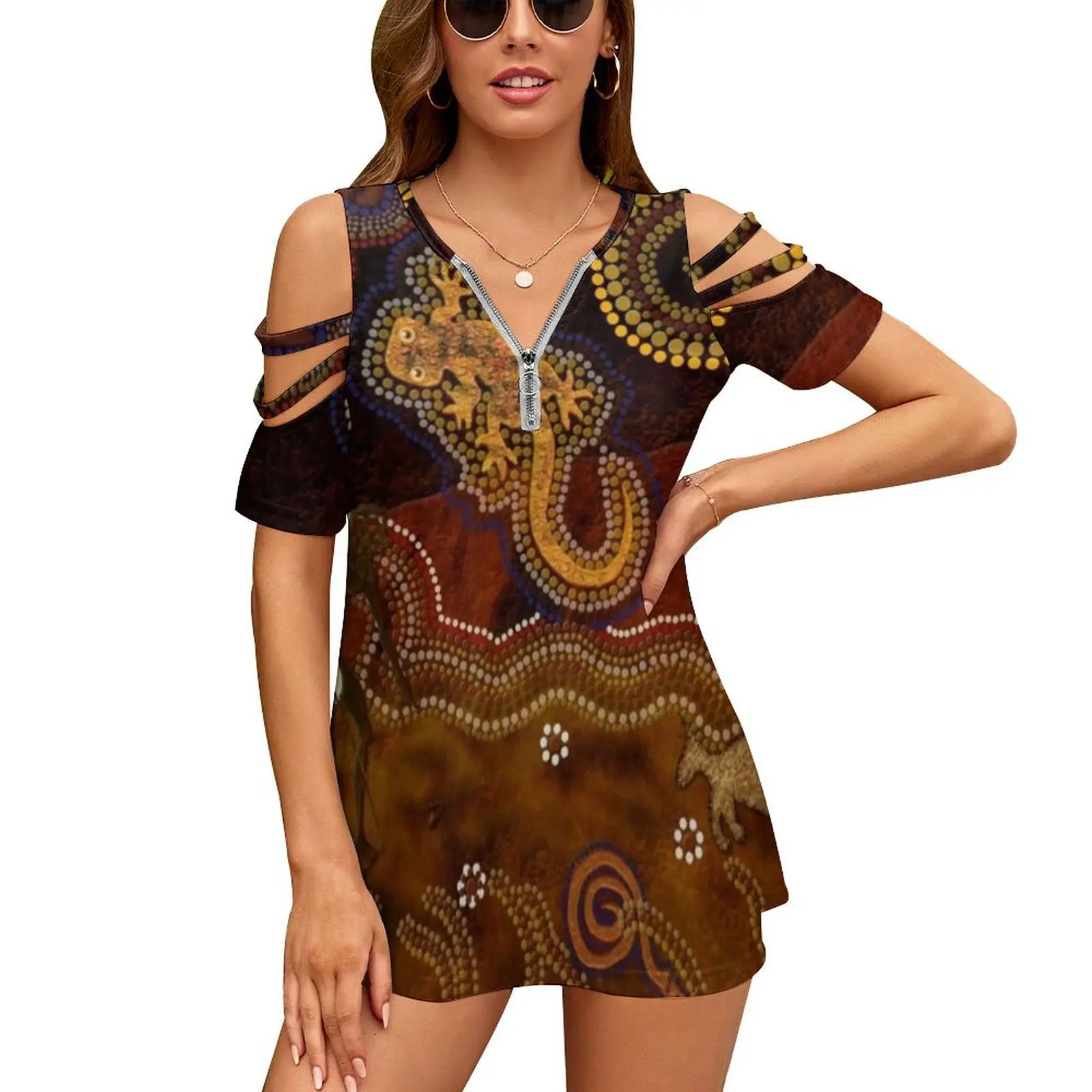 Desert Heat ( Australian Outback Art ) New Fashion Zip Off Shoulder Top Short-Sleeve Women Shirt Aboriginal Art Desert Sun