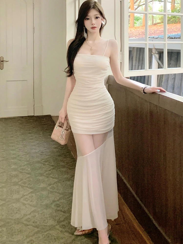 Été blanc maille Patchwork pure Sexy à volants longue robe femmes élégant décontracté fronde robe 2025 coréen moulante fête robe de nuit