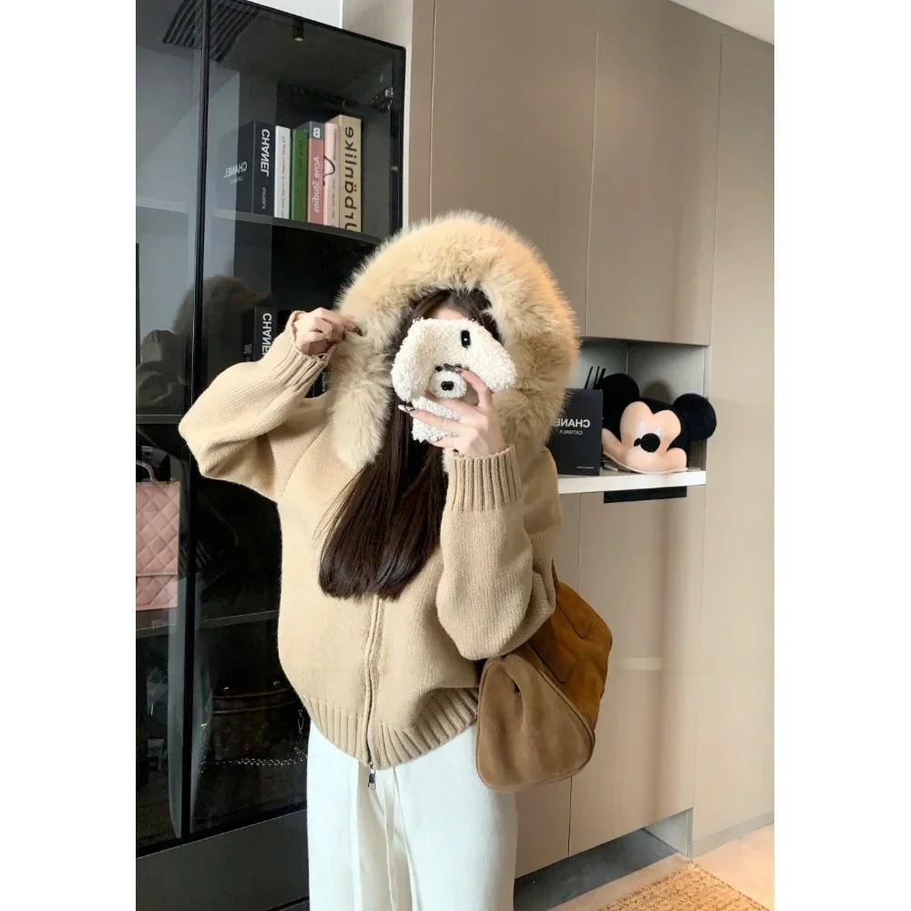 Knitted Zip-up Cardigan Removable Fur Collar Long sleeve High-Grade Sense Sweater Outerwear Autumn and Winter Slimming Z408