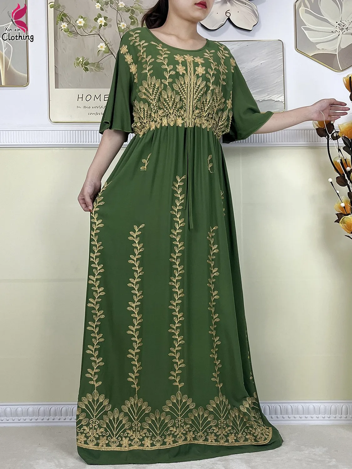 New Muslim Summer Abaya For Women African Islamic Embroidery Dress Short Sleeve Collect Waist Cotton Dubai Evening Party Dress