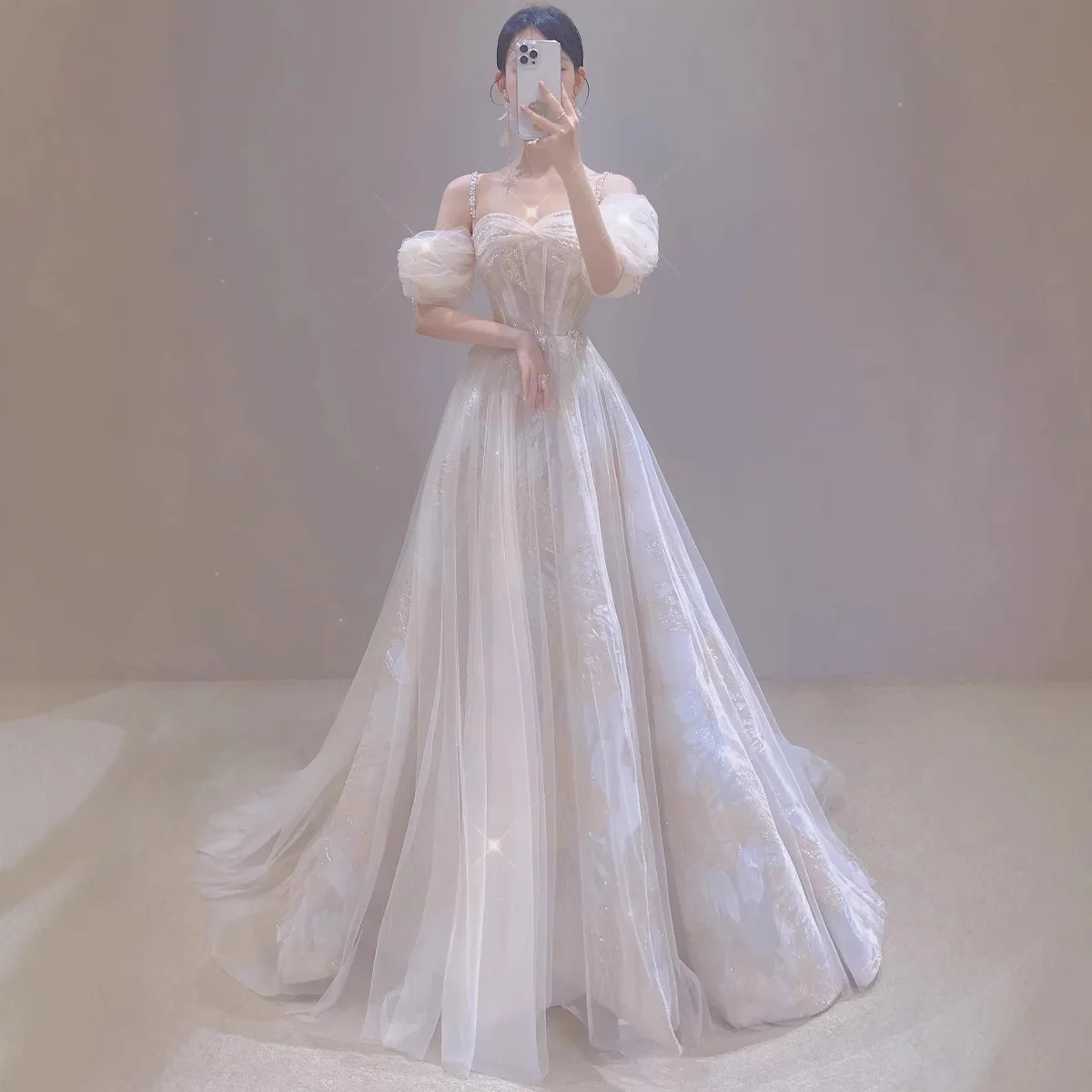 

Ele Fairy Maid-of- Dr Long Evening Gown for Engagement Wedding Birthday One-oulder Princ Skirt Sle