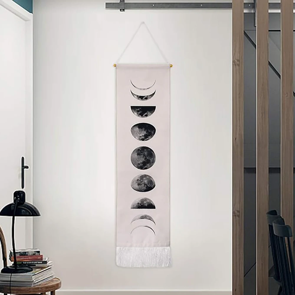 Moon Phase Tapestry Moon Tapestry Wall Hanging Art Bohemian Tapestries White Tapestry for Room (White, 12.8 X 51.2 Inches)