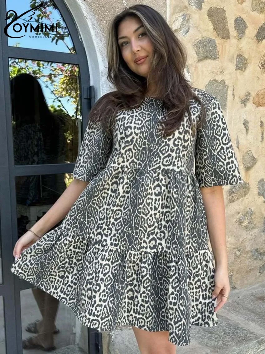 

Oymimi Elegant Brown Print Women's Dress Fashion O-Neck Half Sleeve Loose Dresses Autumn Pleated Mini Dresses Female Streetwear