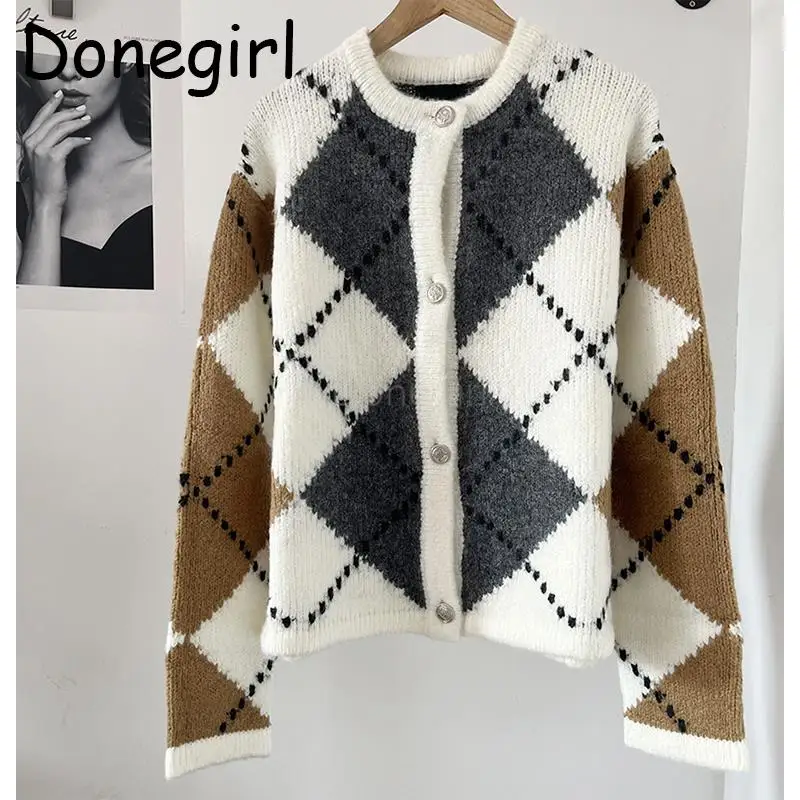 

Donegirl 2024 Autumn Winter New Women Fashion Academic Style Rhombic Lattice Single-breasted Cardigans Knitted Sweater Coat Tops