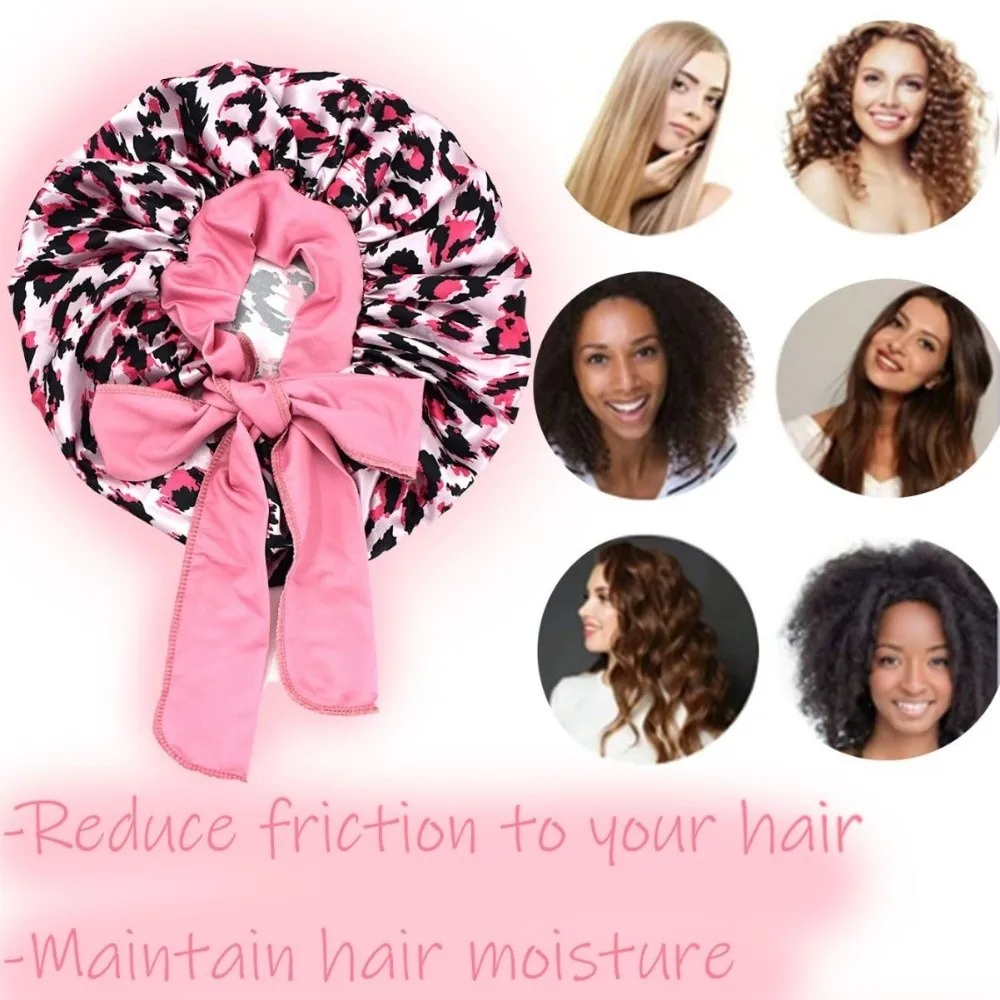 Fashion Silk Imitation Leopard Print Sleep Cap Breathable Comfortable Bowknot Decoration Satin Hair Bonnet Hair Bonnet Hair Care