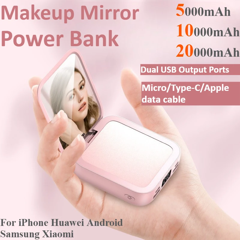 

Makeup Mirror Power Bank 20000mAh Fast Charging Built-in Detachable Cables Portable Charger External Battery for IPhone Xiaomi