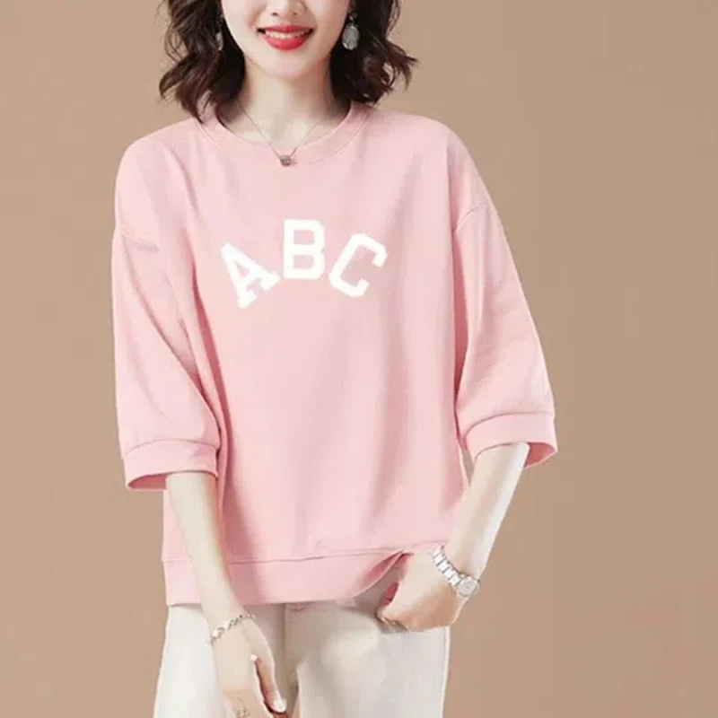 Crew Neck Printing Three Quarter Women's Clothing Pullover Letter Casual Spring Summer Office Lady T-shirt Fashion Hoodies Tops