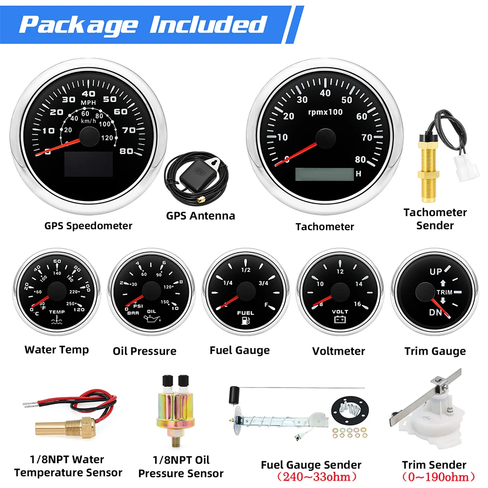Customiz 7 Gauge Set + Brandstof Vlotter Afzender GPS Snelheidsmeter 80MPH 8K RPM Tacho Water Temp Olie Druk Brandstof voltmeter Gauge voor Boot Auto