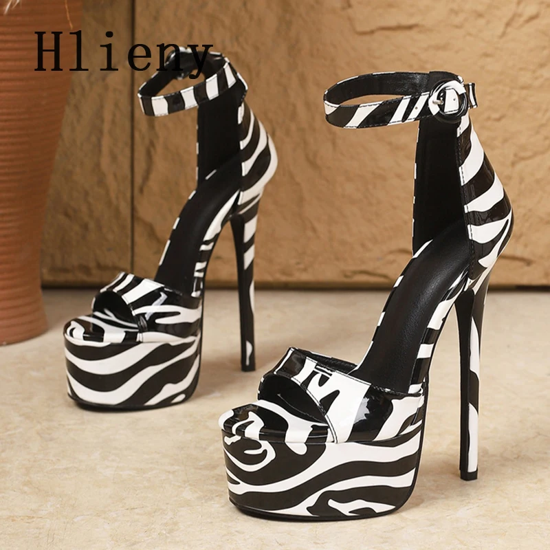 

Hlieny Zebra Print Platform Open Toe Sandals Women Ultra High Heels Summer Ankle Buckle Strap Cover Heels Female Banquet Shoes
