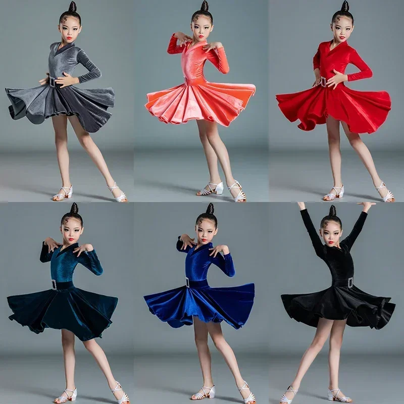 Children Latin Dance Dress Training Clothes Grey Autumn Winter Korean Velvet Long Sleeve Girls Competition Clothes