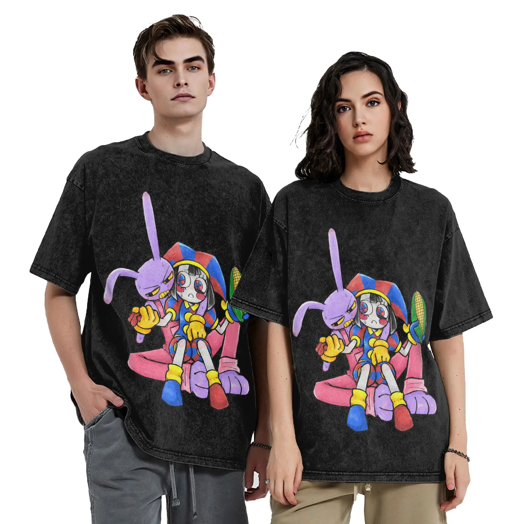 Pomni And Jax Cartoon Digitals Circus Washed T Shirt Streetwear T-Shirt Tees for Men Women Short Sleeve High Street Summer