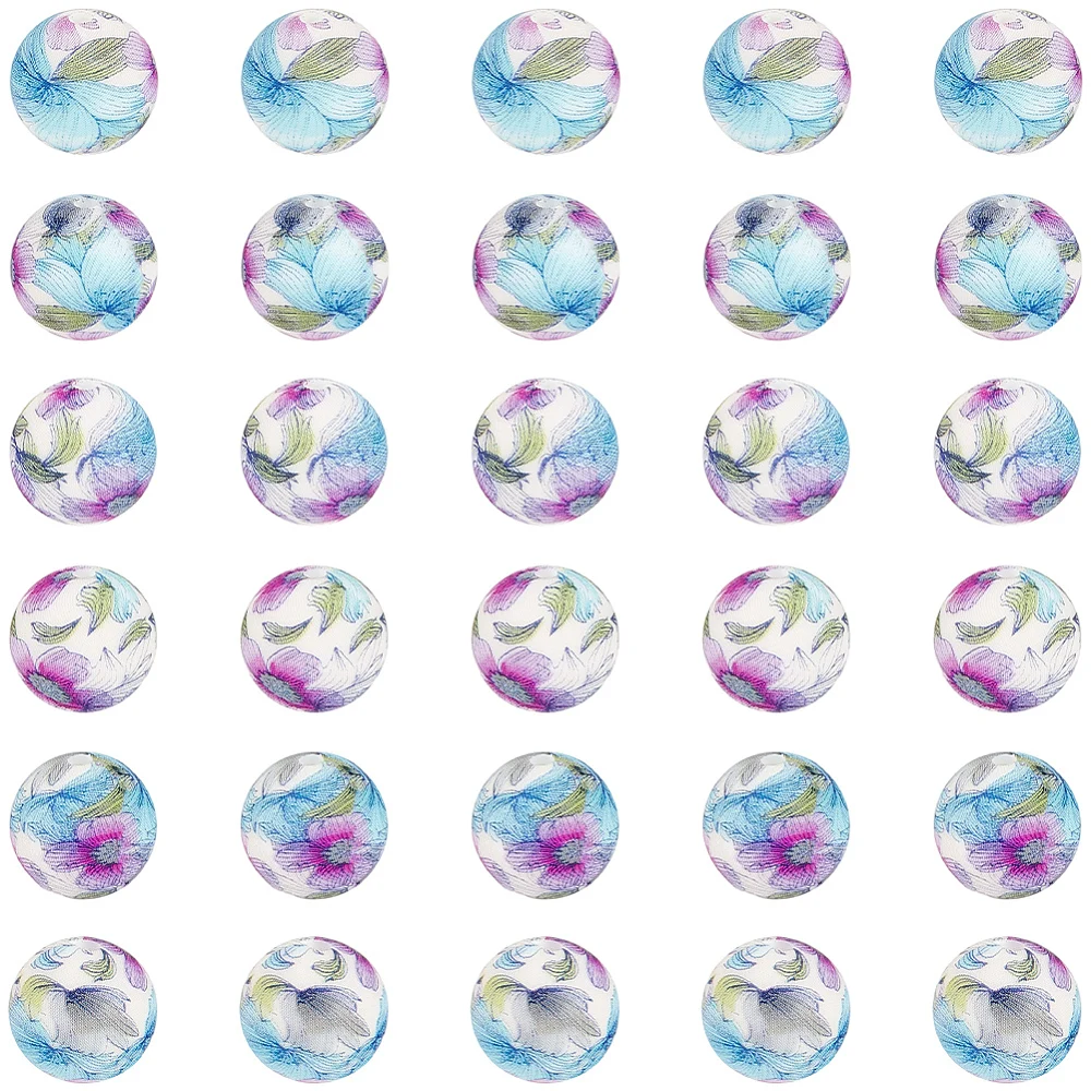 1 Box 60PCS 15MM Flower Beads with Hole Spring Floral Print Lavender Round Focal Purple Blue Loose Spacer Bead for Jewelry