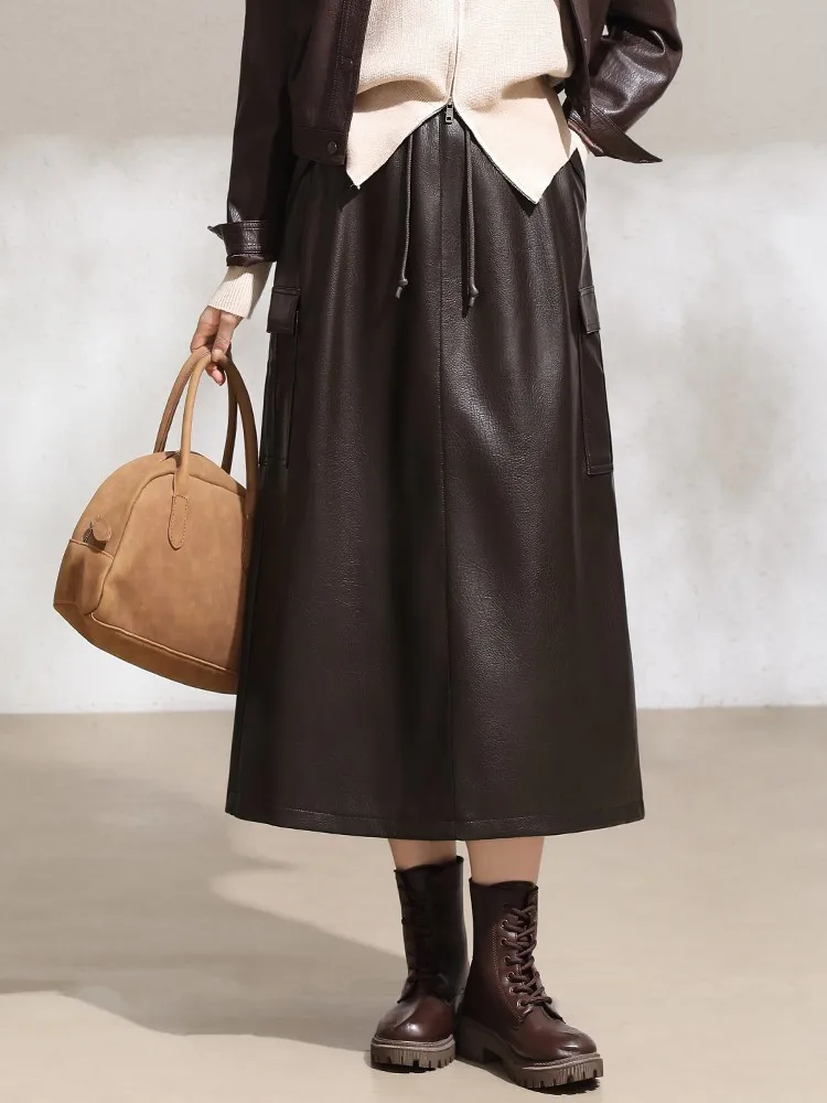 

ZUZK модная повседневная юбка трапециевидной формы из искусственной кожи, осенняя новая женская юбка в корейском стиле с эластичной резинкой на талии, универсальная юбка из искусственной кожи, элегантная юбка