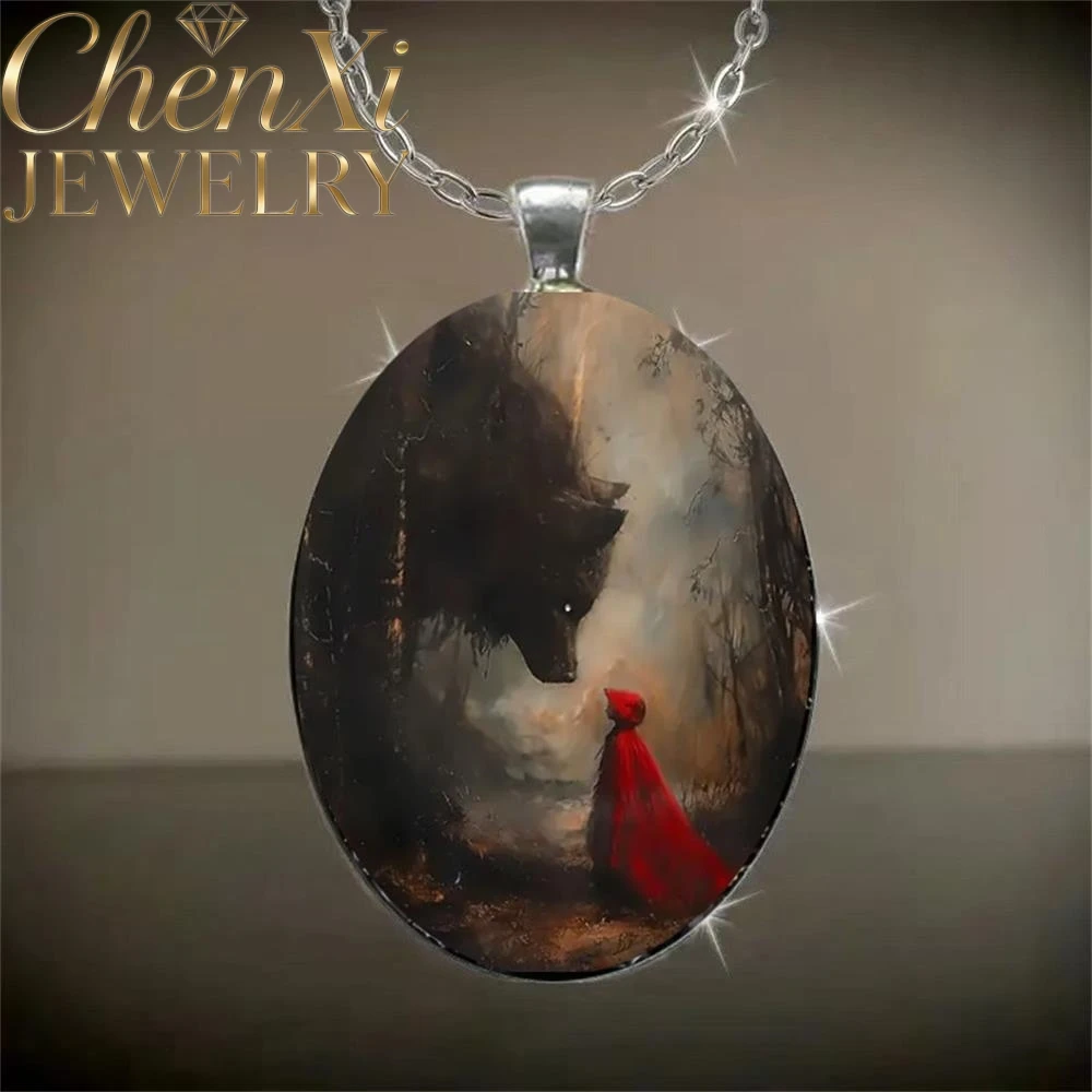 Little Red Riding Hood And The Big Bad Wolf Elliptical Glass Pendant Luxury Quality Fashion Jewelry Exquisite Charms Popular