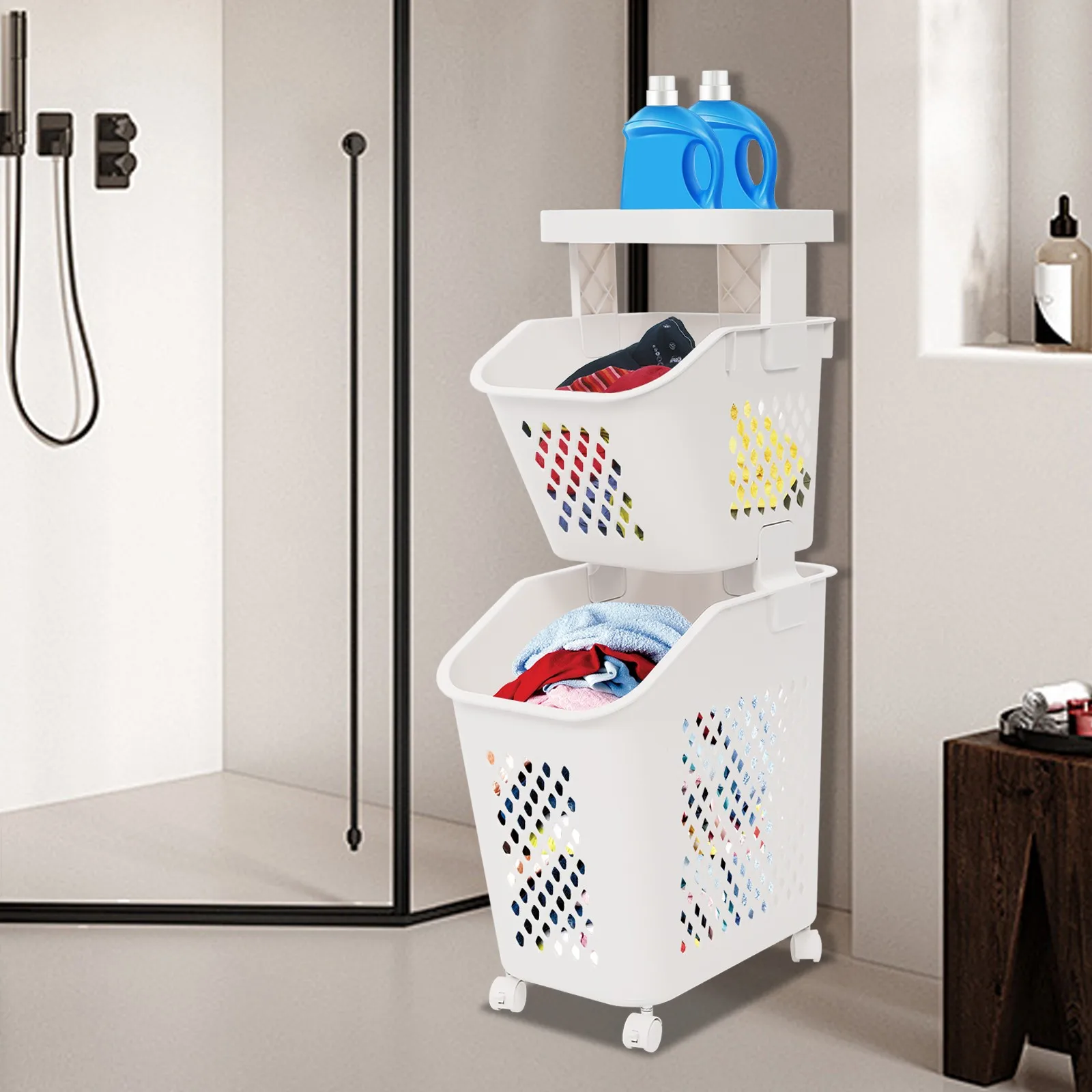 

2 Tiers Laundry Baskets, Laundry Basket with Wheels, Modern Laundry Hampers