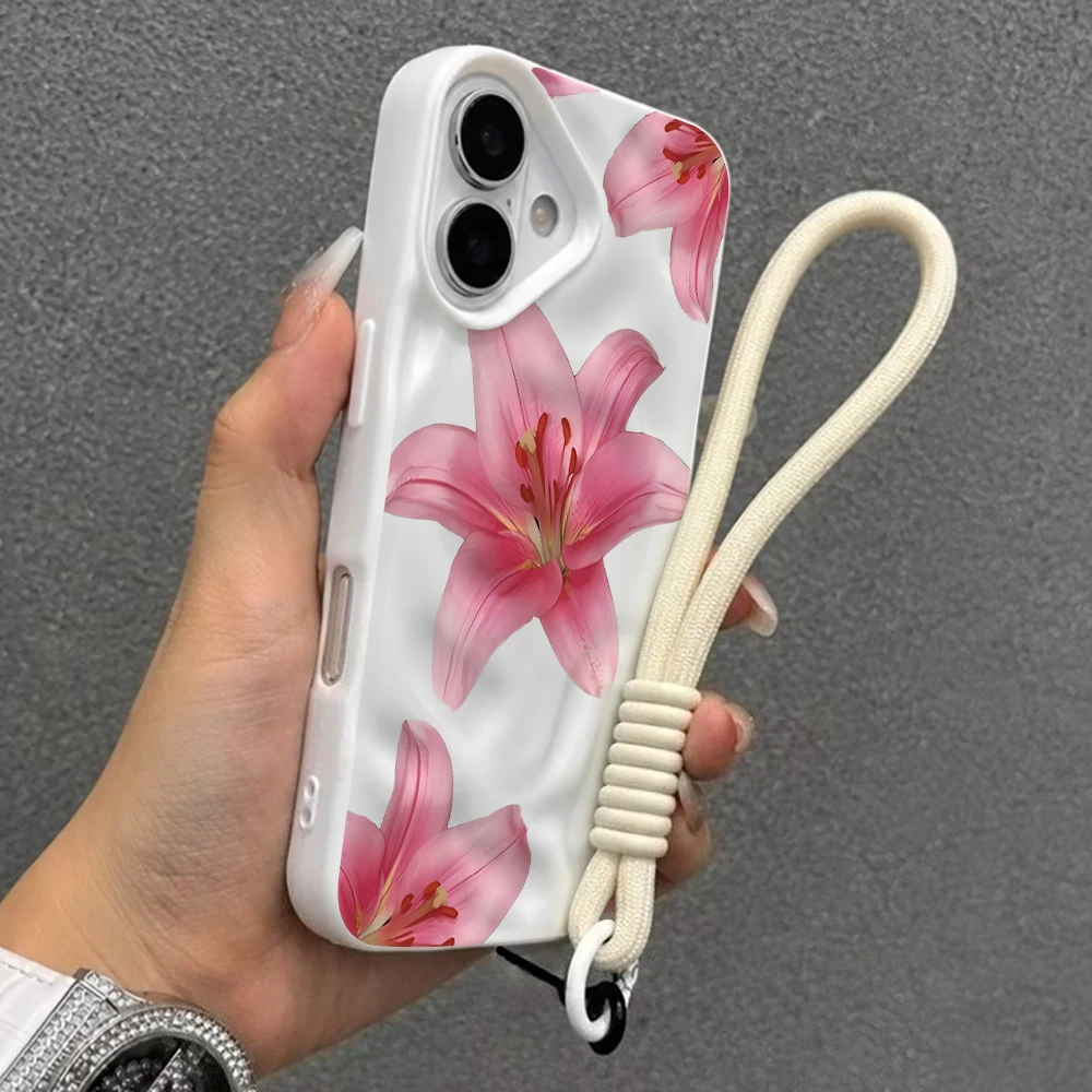 Hibiskusblüten Falten-Silikon-Handyhülle für iPhone 17 15 13 11 12 14 16 17 Pro Max 14 15 Plus 17 Air mit Lanyard INS Cover – Detail 6