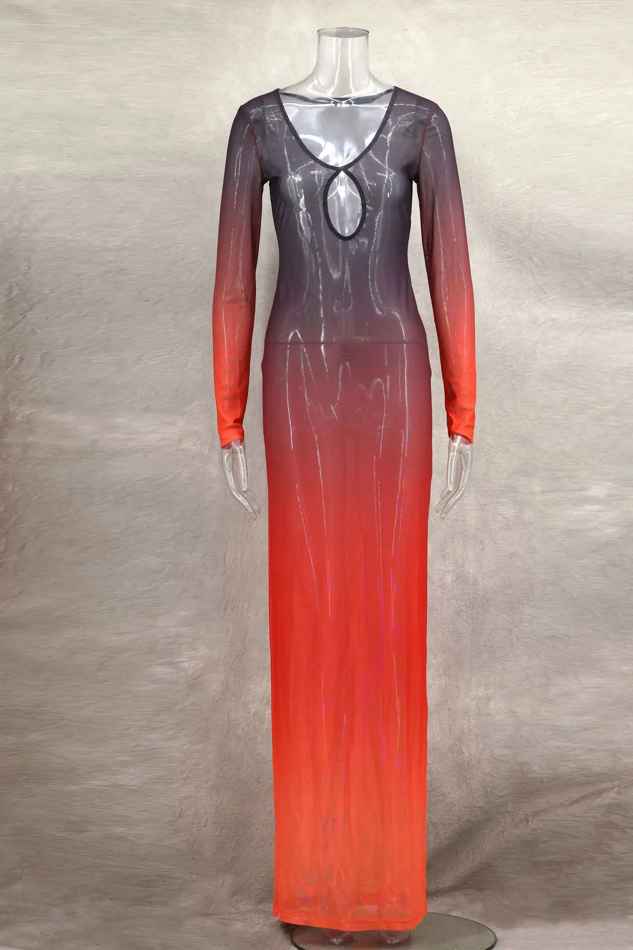 Vestido largo de verano degradado para mujer, vestido playero de malla transparente Sexy, vestido Maxi ajustado recortado de manga larga