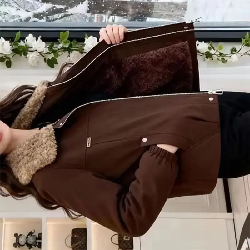 

Winter New Plus Velvet Padded Fashion Jacket Women Parkas Western Style Warm Cotton Padded Coat Big Fur Collar Outerwear Female