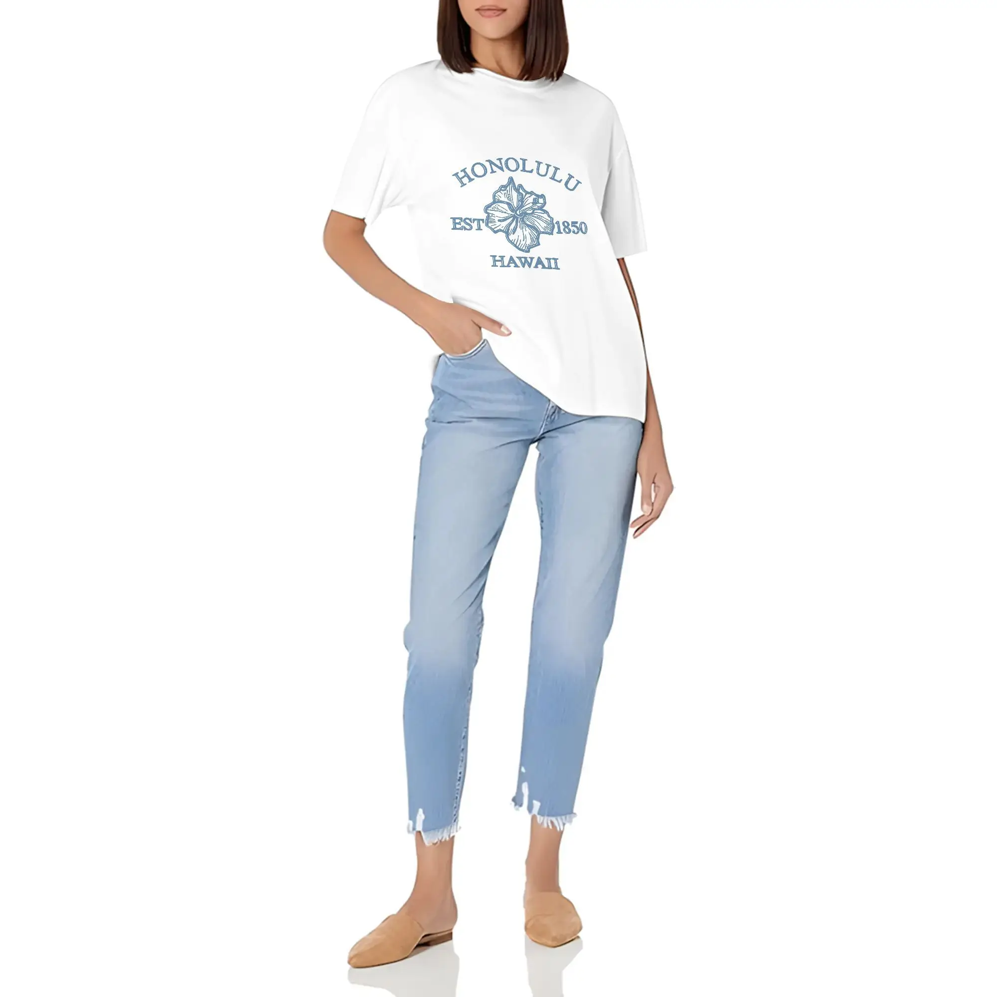 Women Fruit & Coconut Print Fitted Short T Shirt, Cream Colored Summer Beach Vacation Ladies Top