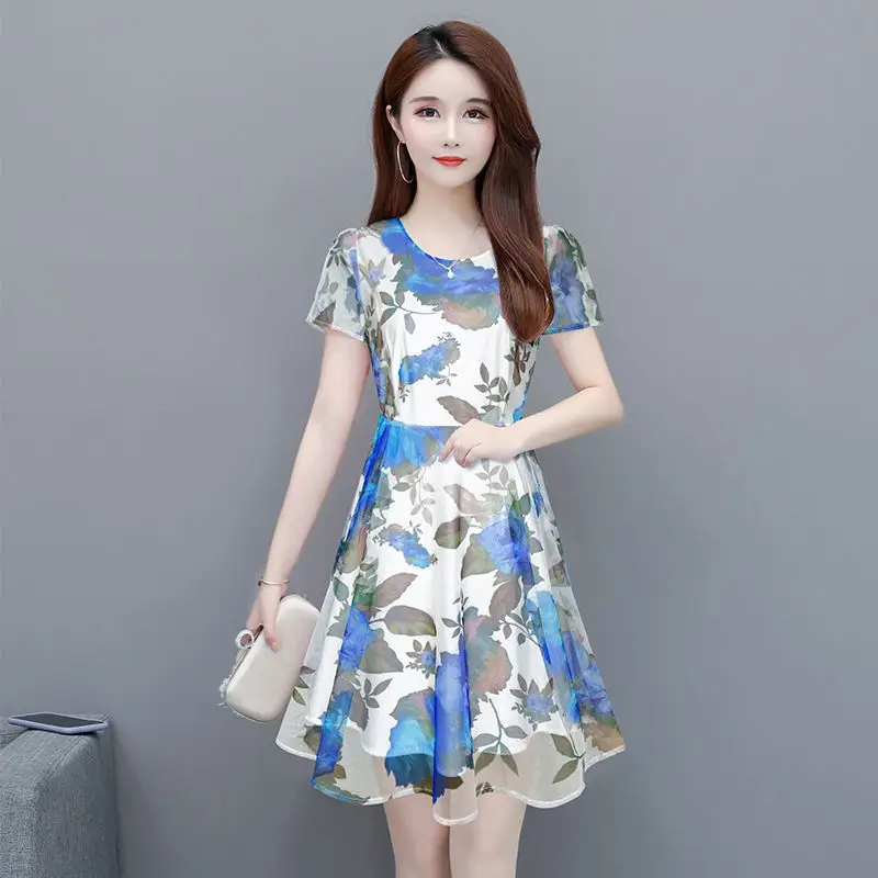 Feminino vintage impressão em torno do pescoço retalhos sheer floral vestido 2026 primavera verão nova camada base vestido fino mini vestido