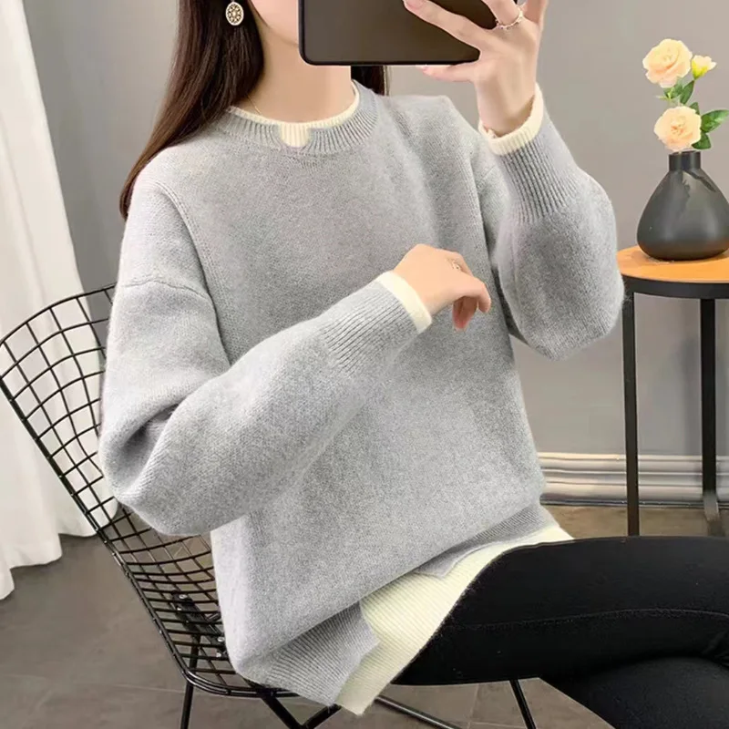 

Autumn Winter New Round Neck Fake Two-piece Sweater For Women Loose Thick Bottom Pullovers Female Warm Pull Hiver Femme Tops