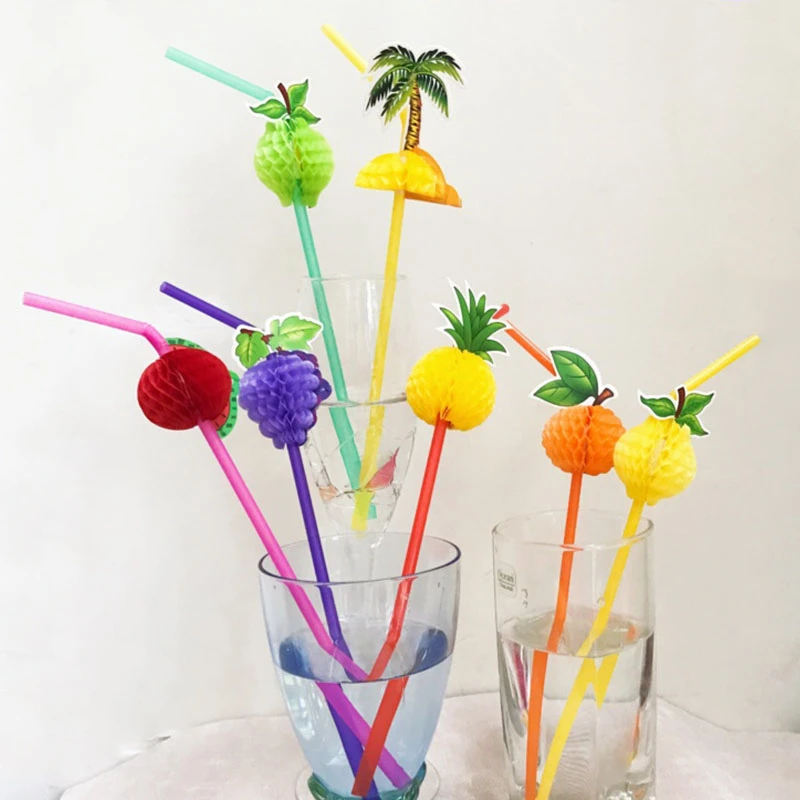 50pcs/lot 23cm 3D Fruit Cocktail Paper Straws Umbrella Drinking Straws Party Bar Decoration Party Supplies Color Assorted Straws