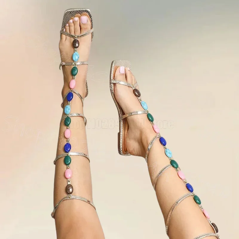 

Colorful Beads Hollow Design Sandals Boots Buckle Strap Women Shoes Low Top Novel Party Banquet Dating 2025 Zapatos Para Mujere