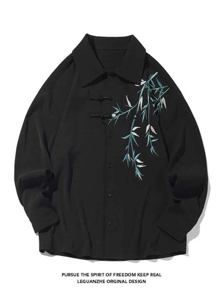 

New Chinese Sle Men's Long Sve irt Embroidered Bamboo National Trend Button up Hanfu Summer Faionable Loose Fit Ice ...